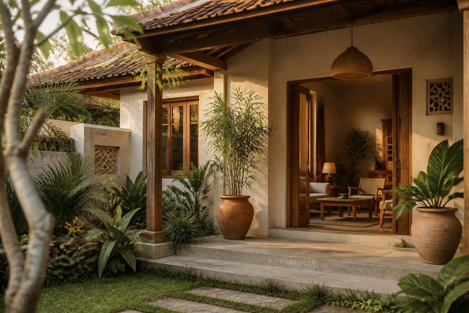 Rumah Indonesia modern dengan taman tropis dan interior hangat